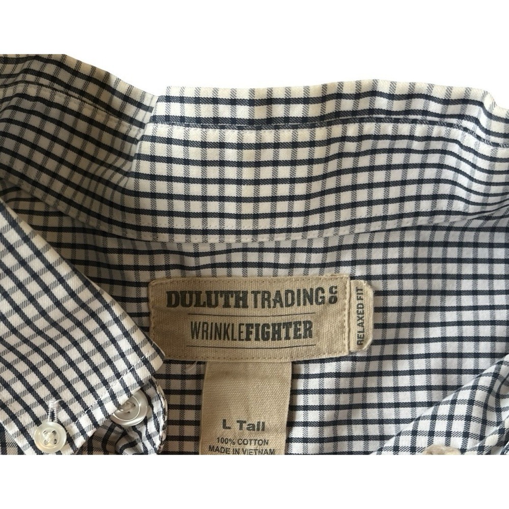 Duluth Trading Co Mens Size L Tall Wrinkle Fighter Relaxed Fit Blue Check Cotton - Picture 3 of 6